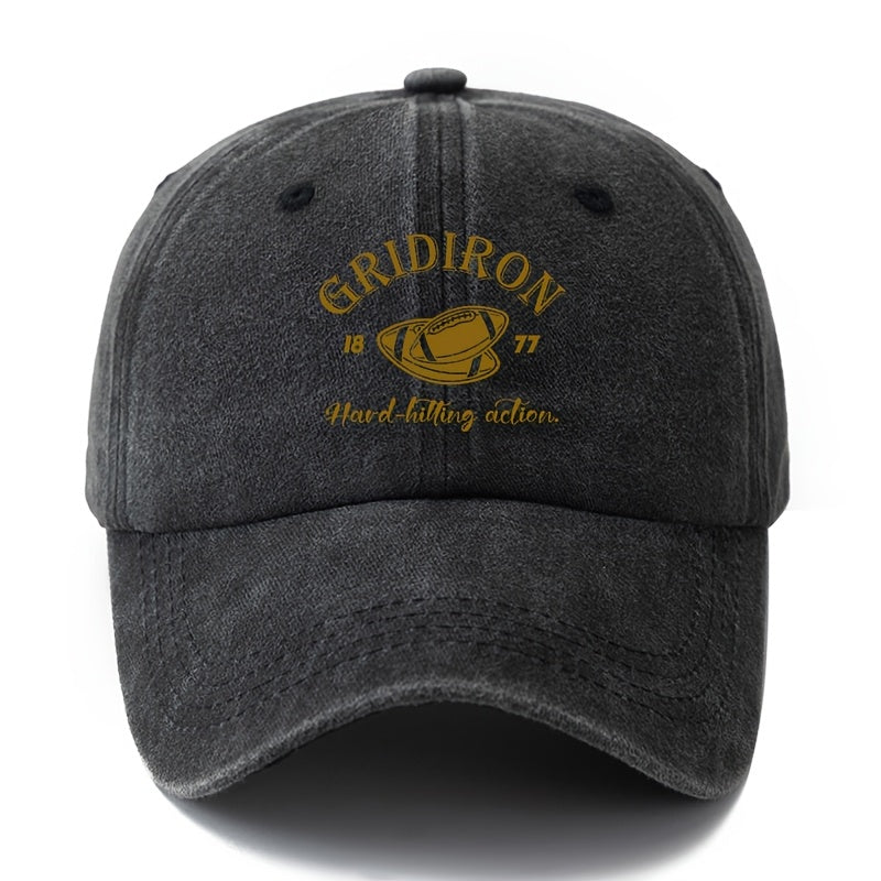 A Stylish And Versatile Unisex Printed GRIDIRON Baseball Cap, Featuring a Classic Retro Washed Design Suitable for Outdoor Activities. This Lightweight Curved-Brim Hat Is Perfect for Truck Drivers And Is Ideal for Casual Occasions Like Outdoor Vacat