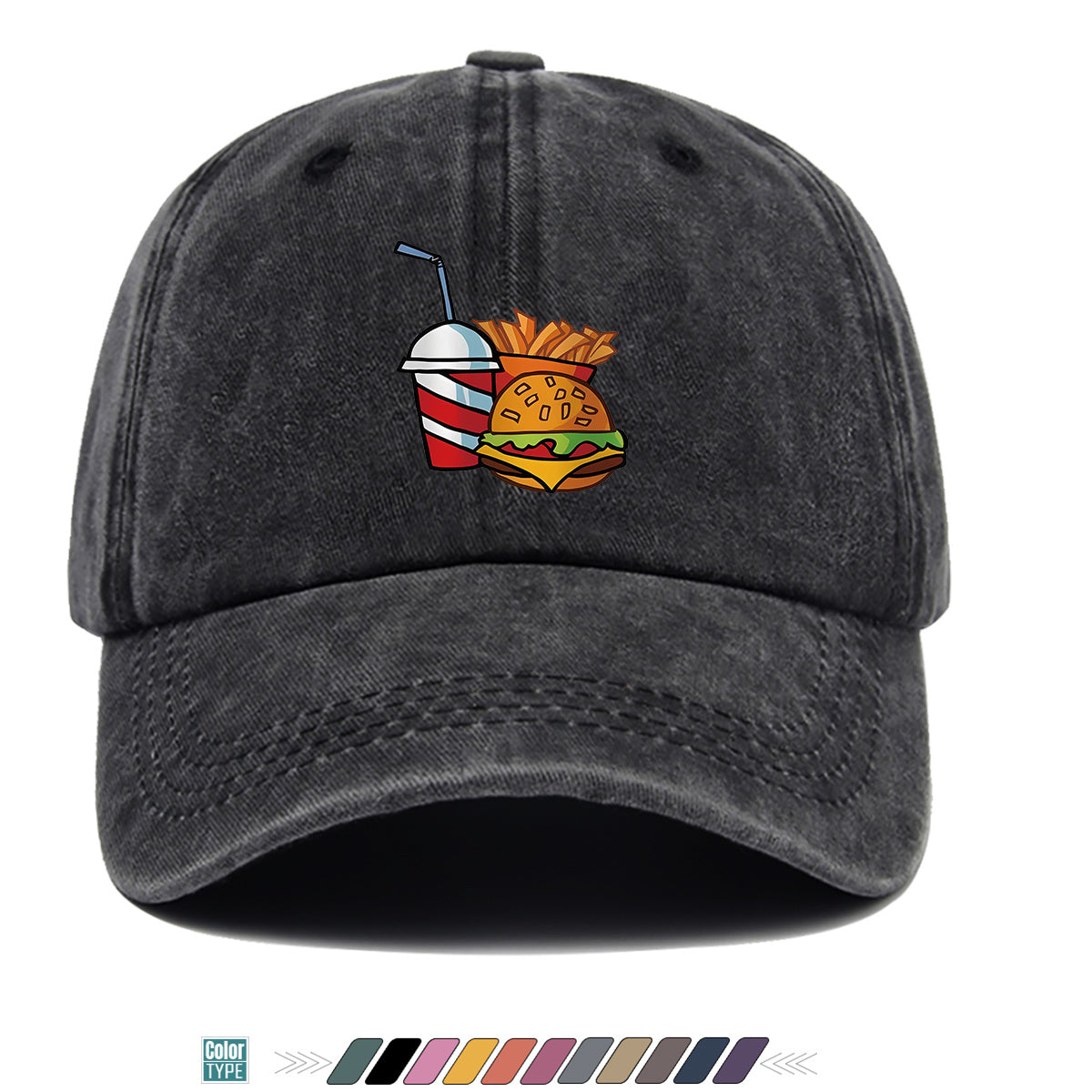 1pc Fast Food Theme Hamburger Fries Drink Print Baseball Cap, Fashion Trendy Sun Hat, Easy Personalized Design, Unisex Duckbill Cap, Adjustable Size, Street Style Hip-Hop Hat, Casual Sunshade Hat, Suitable for Shopping, Parties, Picnics, Travel