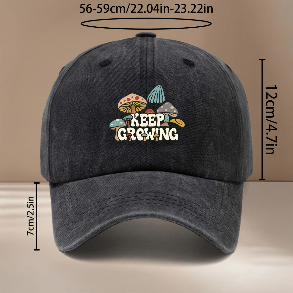Baseball Cap with "KEEP GROWING" Text and Mushroom Pattern, Suitable for Vacations, Travel, Dinners, and Camping. Six-panel Design with Adjustable Size, Textured Hip-hop Style. Comfortable and Lightweight Curved-brim Cap, Unisex Snapback, Casual Hat
