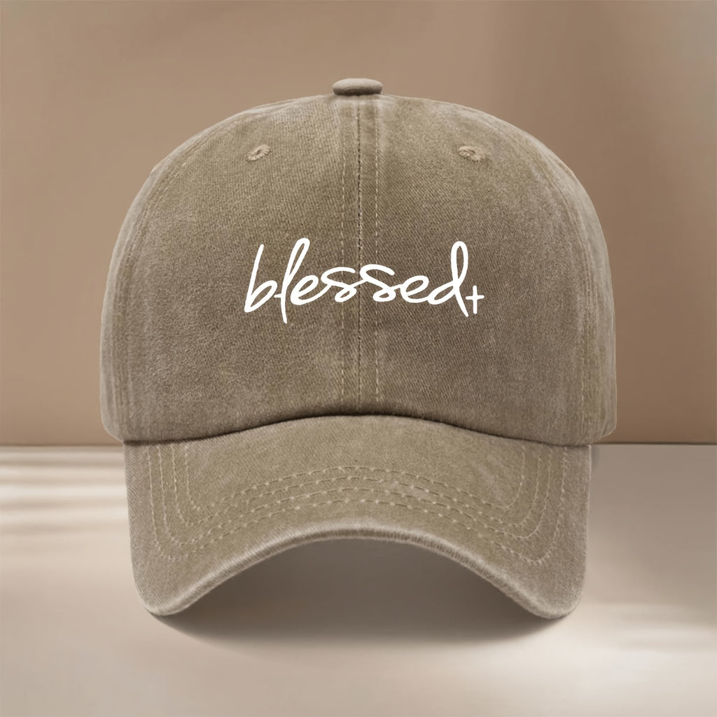 Blessed+ Text Pattern Baseball Cap, Relaxed Fit with Curved Brim for a Slimming Effect, Unisex Hip-Hop Style Curved Brim Hat, Lightweight and Comfortable Duckbill Cap for Vacations, Travel, Dinners, and Camping, Adjustable Size, Simple and  Six-Panel