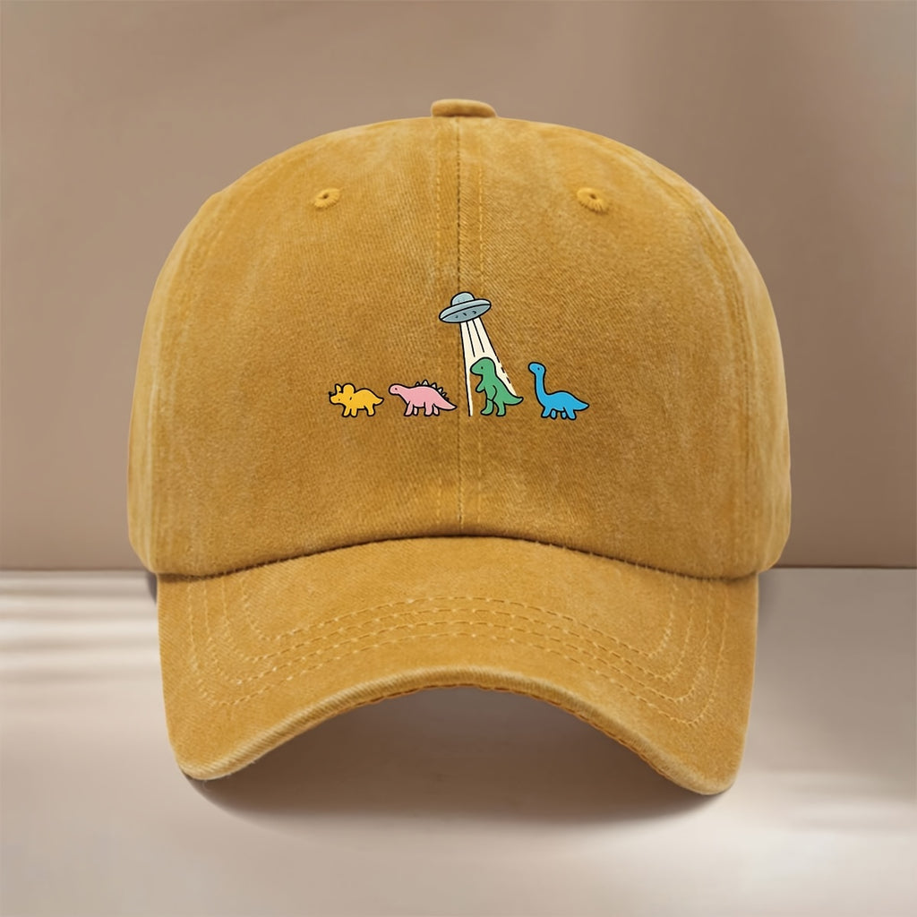 This Is a Baseball Cap with a Dinosaur and UFO Print, Suitable for All Seasons. It Features an Adjustable Size, a Curved Brim, and Is Unisex. The Hat Is Comfortable, Lightweight, and Can Be Worn for Outdoor Sports, Dinners, Camping, or as a  Fashion