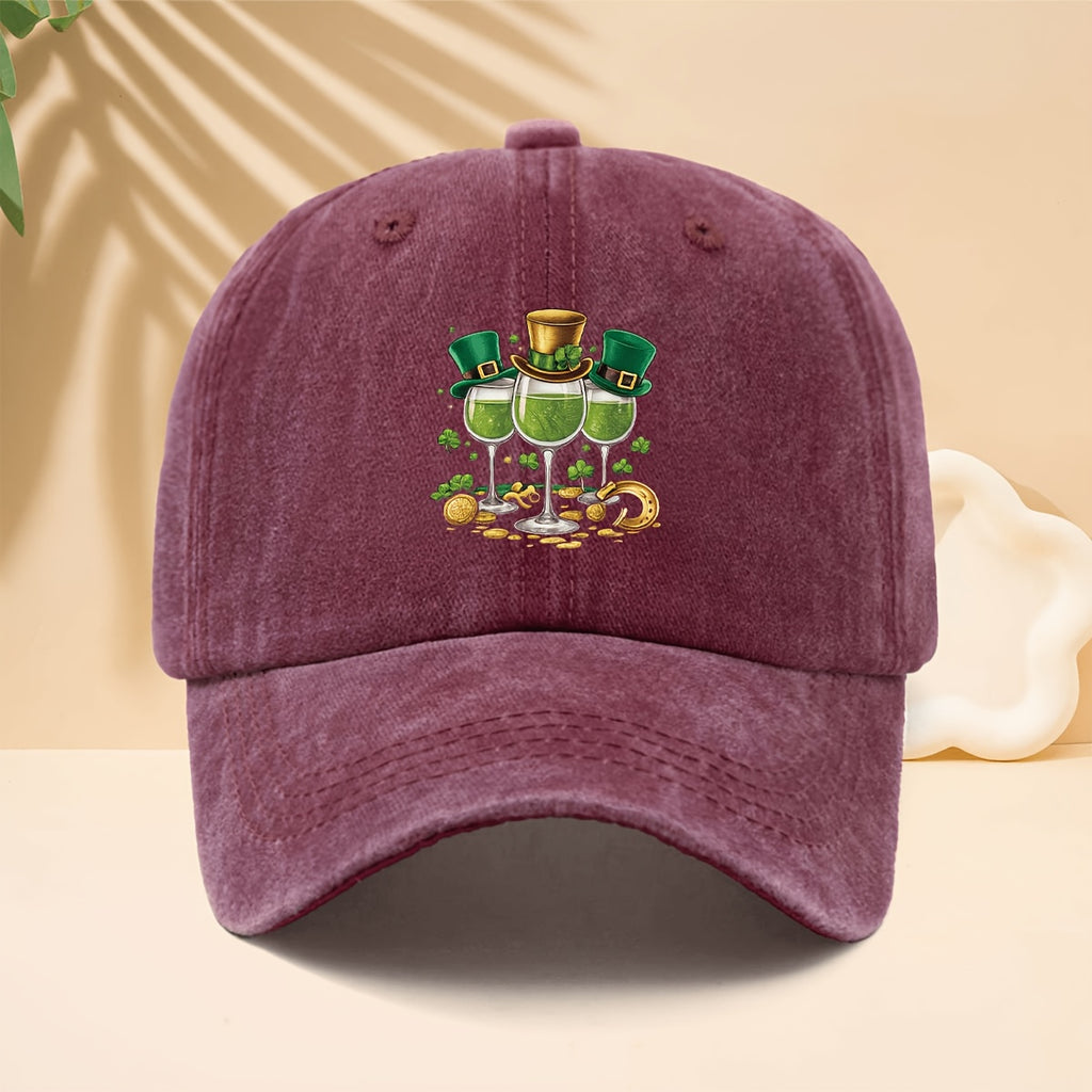 Baseball Cap with a Vintage Carnival Design Featuring a Pattern of 3 Hooded Goblets Containing Green Liquid. Adjustable Curved Brim Snapback Hat Suitable for Walking, Shopping, Traveling, Gatherings, Vacations, and Parties. One-size-fits-all Unisex
