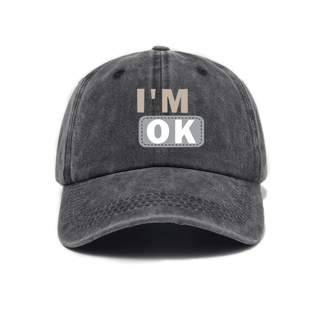 1 Washed Distressed Printed Baseball Cap for Adults, Simple "I'M OK" Letter Print, Washed Distressed Soft Top Sun Baseball Cap, Unisex Baseball Cap