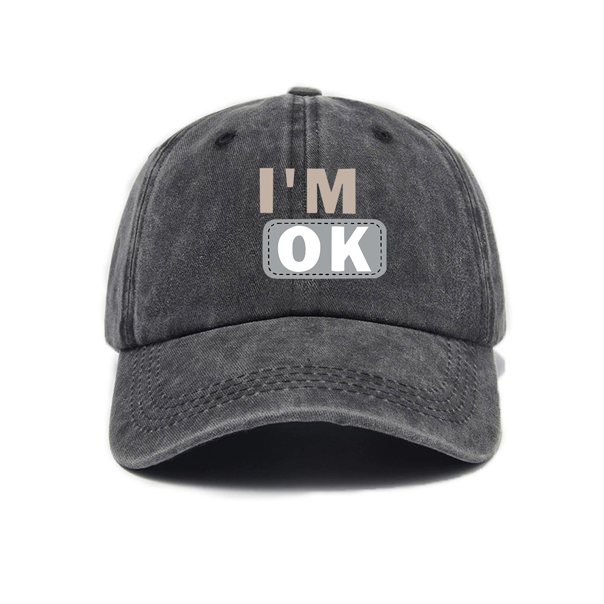 1 Washed Distressed Printed Baseball Cap for Adults, Simple "I'M OK" Letter Print, Washed Distressed Soft Top Sun Baseball Cap, Unisex Baseball Cap