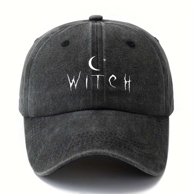 Fabric.Makefge Unisex Witch Baseball Cap Suitable for Halloween, Vintage Washed Curved Brim Hat with Moon & Star Design, Lightweight Durable Outdoor Cap for Women & Men, for Camping, Casual Wear, Witch Themed