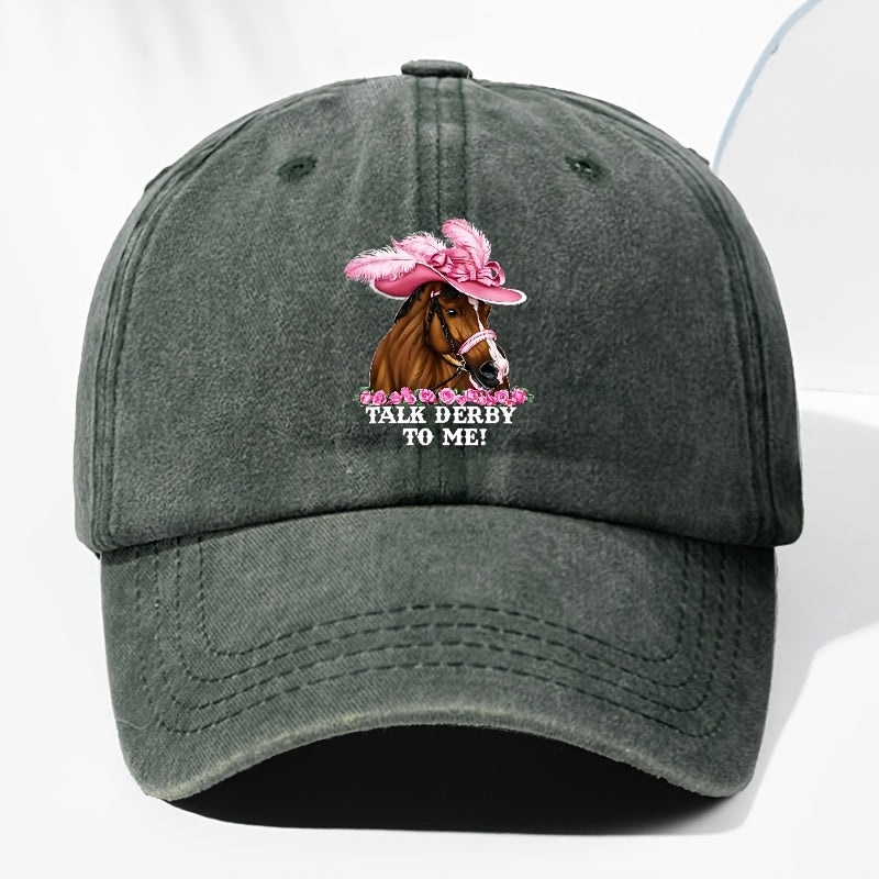 Unisex Adjustable Baseball Cap, Pink Horse Pattern with "Talk Derby to Me!" Print - Lightweight 100%, Machine Washable Vintage Design, Ideal for Casual Outdoor And Daily Wear