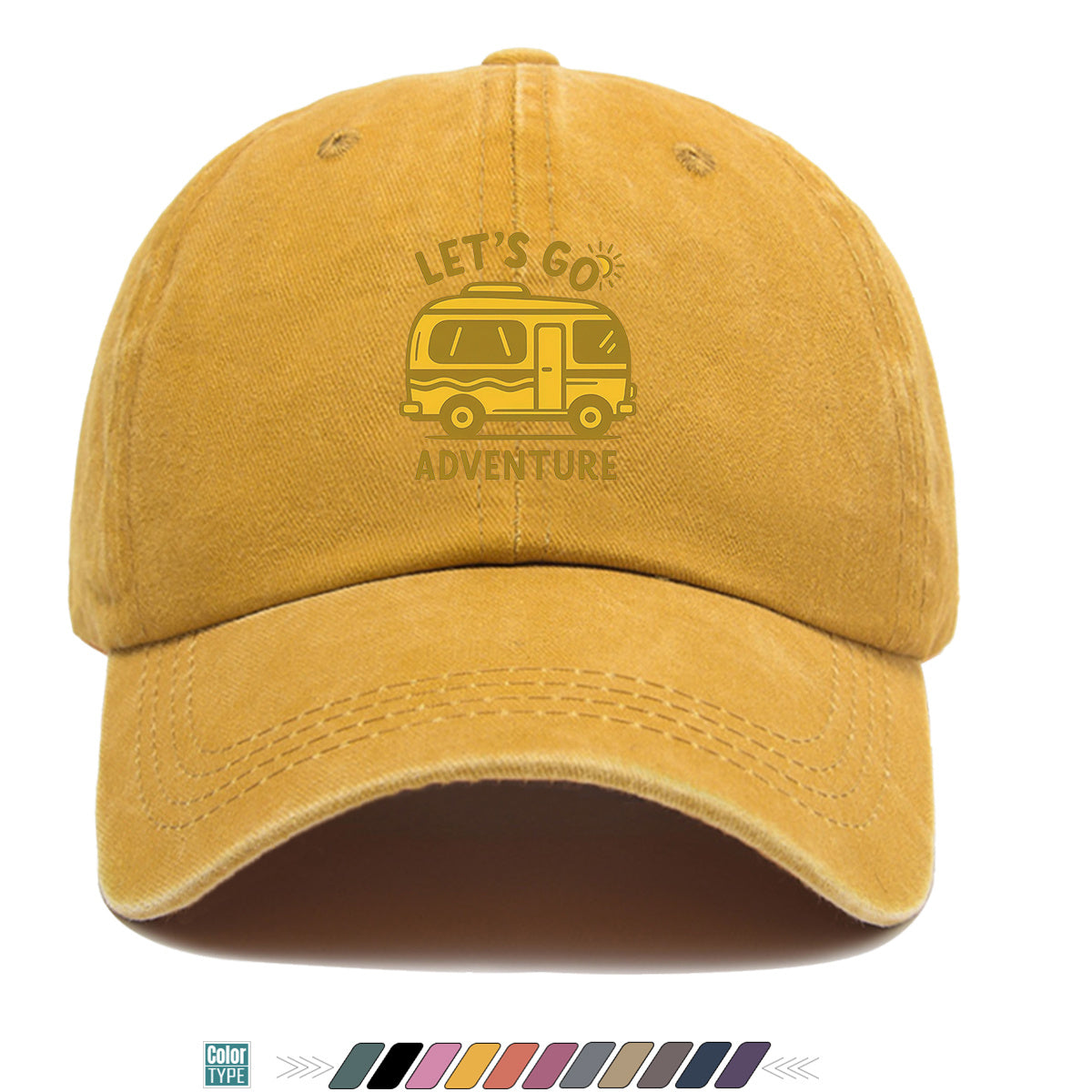 1pc "LET's GO ADVENTURE" Camper Van Print Baseball Cap, Vintage Yellow RV Pattern Sun Hat, Fashionable Casual Sun Hat, Unisex Adjustable Duckbill Cap for Outdoor Adventures, Road Trips, Camping Picnics, Weekend Outings, Park Strolls, Beach Vacations