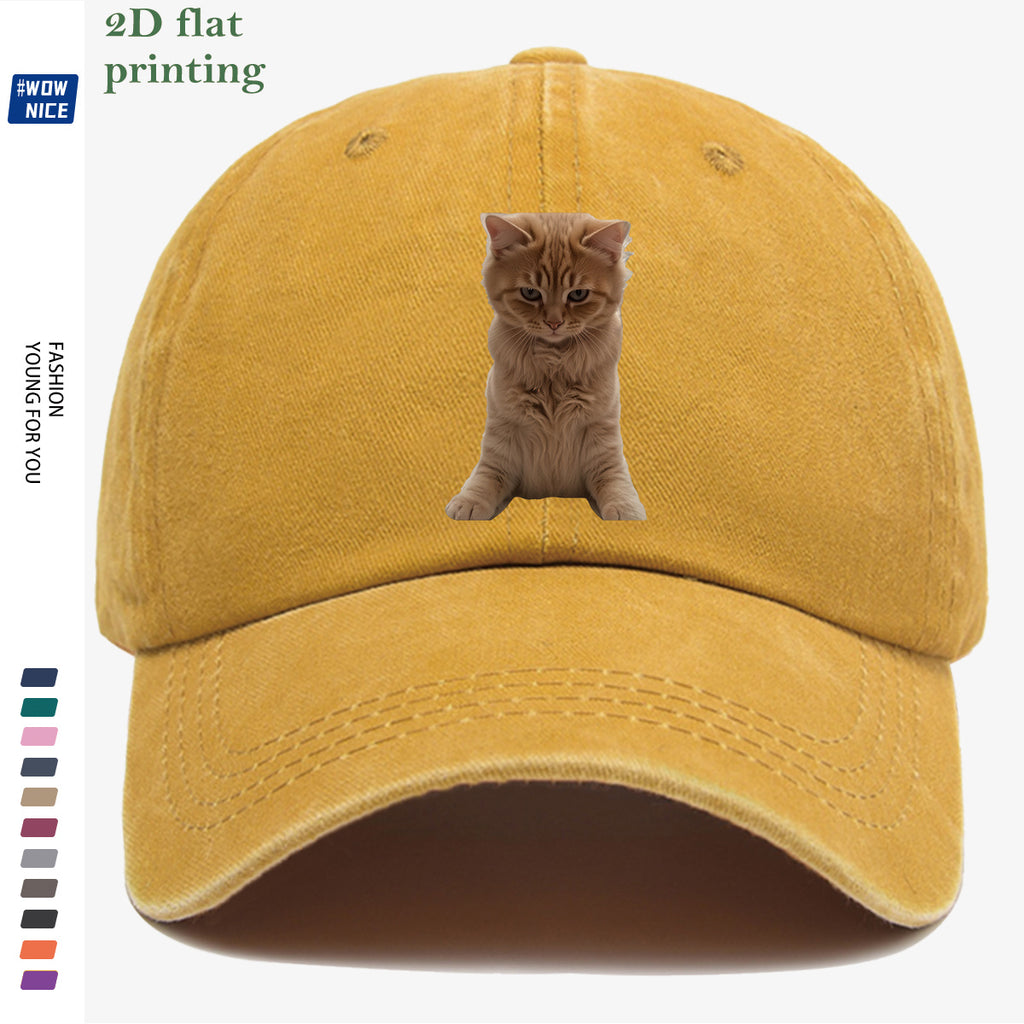 1pc Orange Tabby Cat Squatting Front Print Baseball Cap, with Round Eyes Slightly Squinted, Giving Off a "I'm Noble" Meme Vibe. A Must-have for Daily Outings, Café Visits, and Citywalks to Create a Stylish Look. The Cap Shape Helps Flatter and Slim