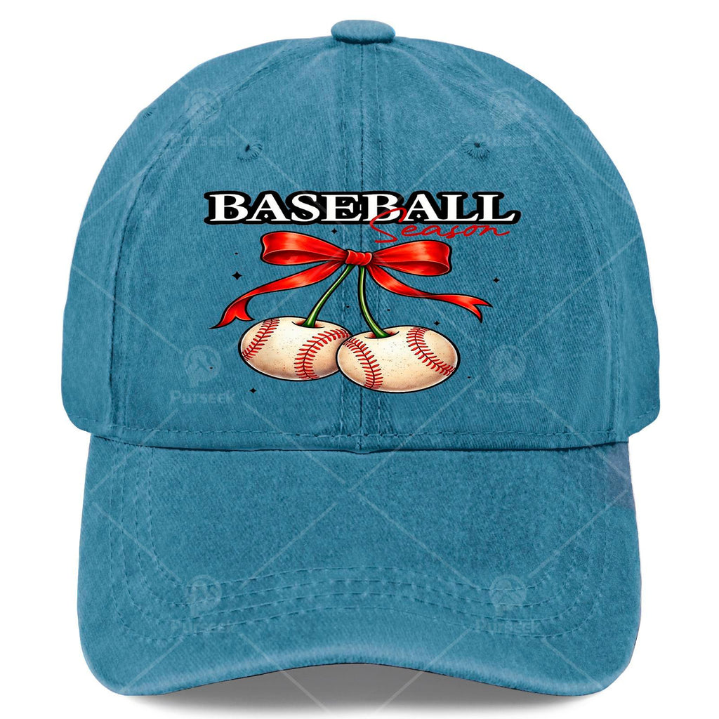Unisex Vintage Washed Baseball Cap with Cherry Bow, Suitable for Baseball Season