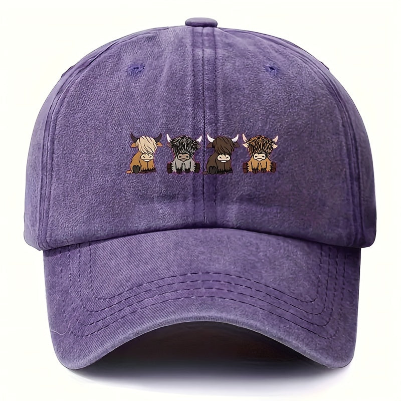Olive Green Adjustable Snapback Baseball Cap Featuring a Vintage Highland Cow - Perfect for Casual Outdoor Sports for Men