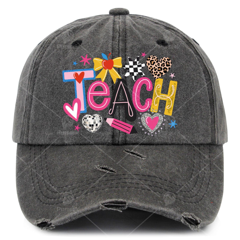 Teach Lovess Learnss Unisex Trucker Hat with Iconic Print - Adjustable Snapback Cap, Lightweight Vintage Washed Baseball Cap Suitable for All Seasons, Machine Washable for Men & Women, Casual Wear, Classic Round-Top Design