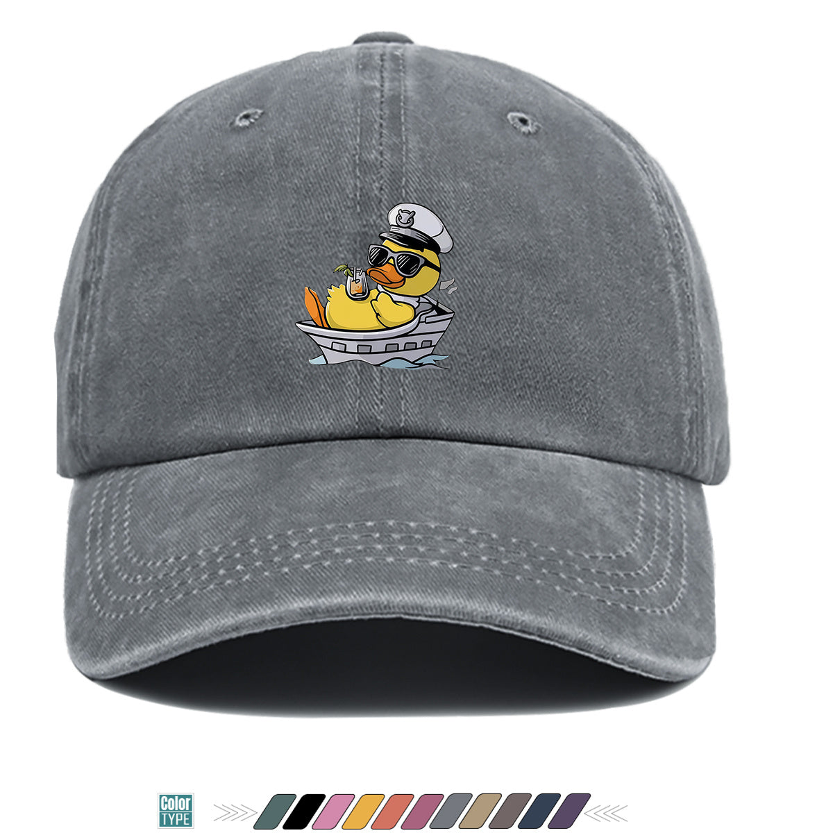 1pc Cartoon Captain Duck Printed Baseball Cap, Yellow Duck Wearing Captain Hat And Glasses, Sitting on Yacht with Drink, Fun Trendy Sun Hat, Unisex Adjustable Casual Street Fashion Hat, Outdoor Play Vacation Hat, Beach Seaside Sunshade Hat