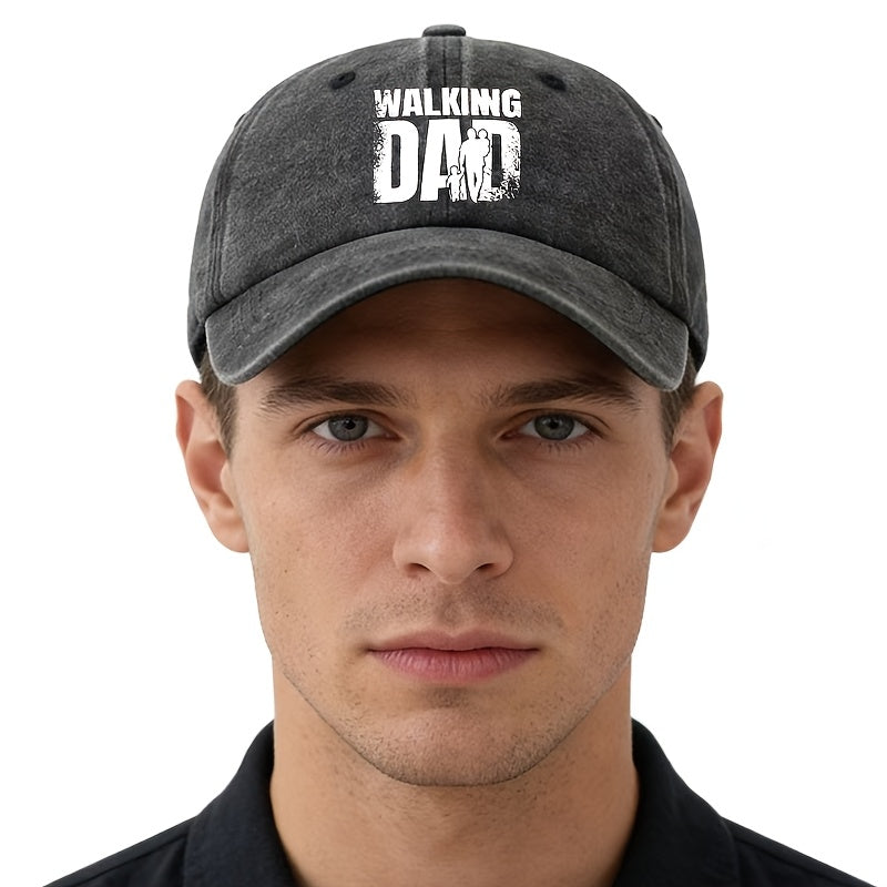 A Unisex Fashionable and Versatile "DAD WALKING" Printed Baseball Cap, Featuring a Classic Vintage Washed Outdoor Lightweight Curved Brim. This Trucker Baseball Cap Is Suitable for Casual Occasions Such as Outdoor Vacations, Travel, and Camping