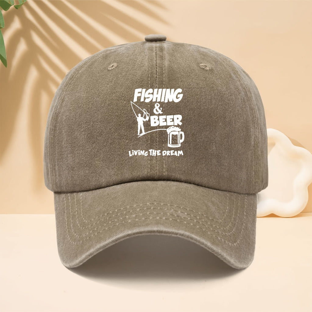 Baseball Cap with FISHING BEER Silhouette Print, American Casual Outdoor Lifestyle Design, Adjustable Size Unisex Casual Hat, All-Season Versatile Neutral Style, Curved Brim Hat for Outdoor Fishing, Parties, And Hip-Hop Style, Soft Top Design