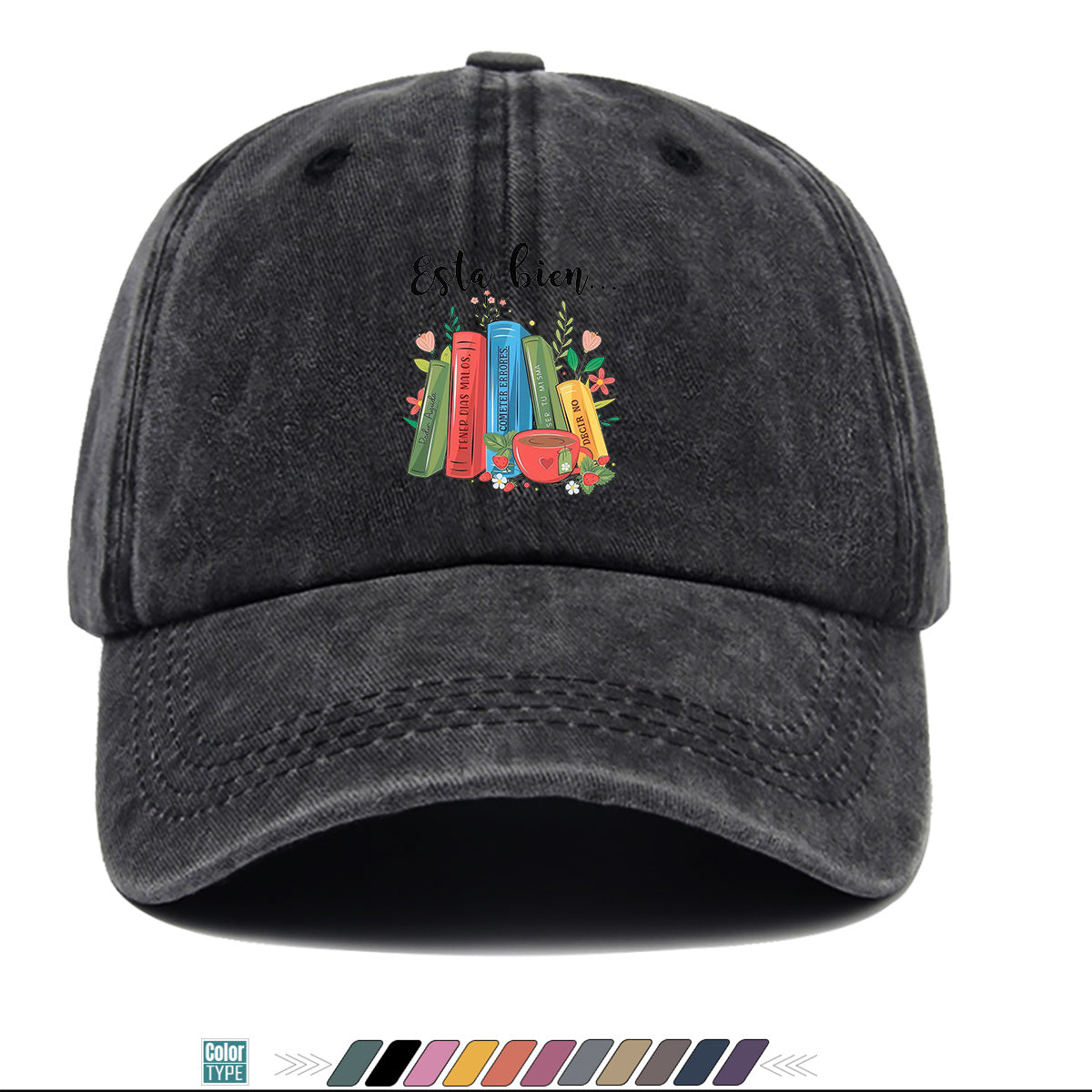 1pc Colorful Books And Teacup Illustration Printed Baseball Cap, Comfortable Breathable Sun Hat, Fashionable Aesthetic Unisex Hat, Adjustable Size, Casual Streetwear, Literary Youth Reading Cap, Suitable for Bookstore Check-In, Cafe Gatherings