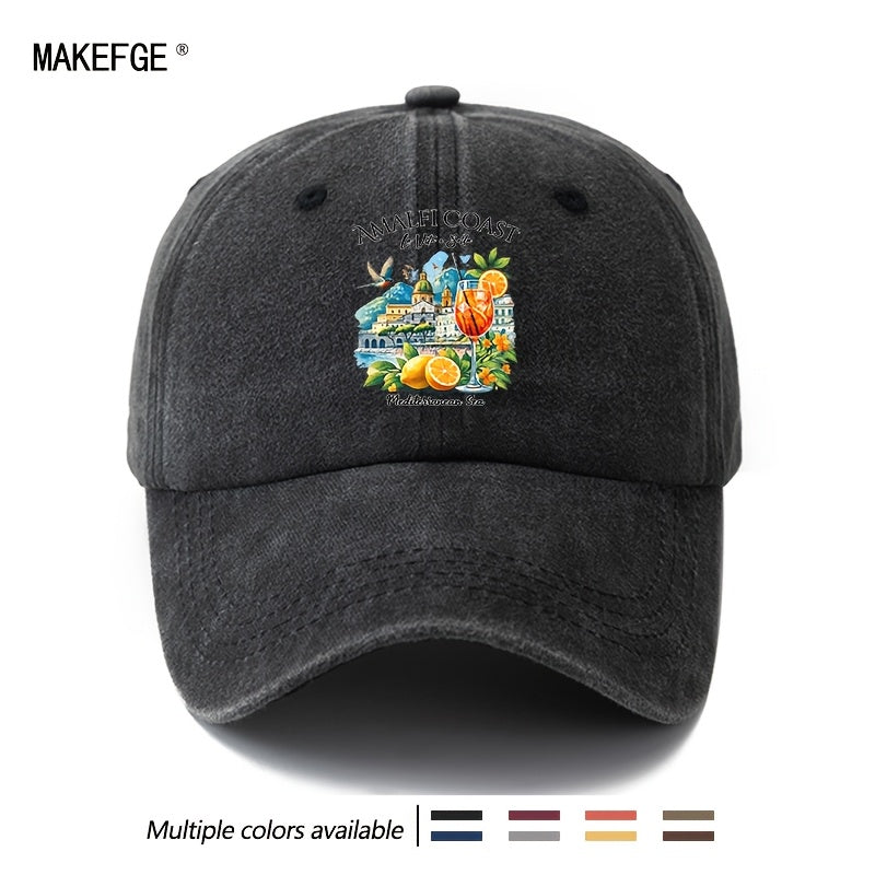 A Unisex Fashionable and Versatile Printed Baseball Cap Featuring the Italian Amalfi Coast. This Classic Vintage-washed Outdoor Lightweight Curved-brim Hat Is Also Known as a Trucker Cap. Suitable for Casual Occasions Such as Outdoor Vacations