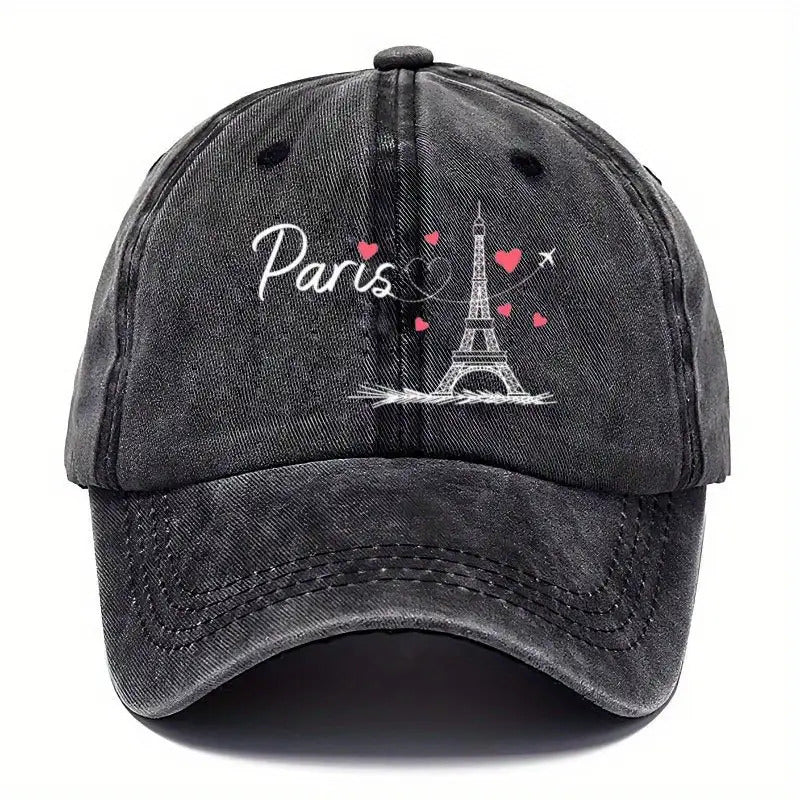 Vintage Baseball Cap Featuring The Eiffel Tower And Heart Design, Adjustable And Made from Breathable Fabric, Perfect for Outdoor Activities And Casual Travel. It Embodies a French Romantic Style, Ensuring Comfort for Travel Lovers