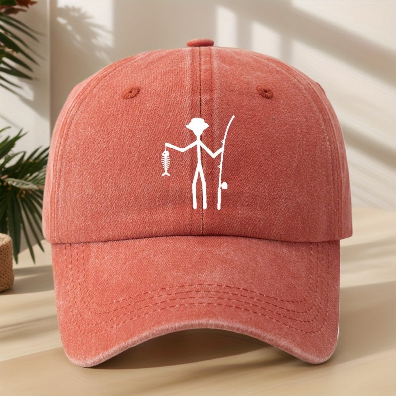 Creative Design Fishing Print Baseball Cap Classic Washed Vintage Duckbill Hat Soft Comfortable Sweat-Absorbing Breathable Hat Outdoor Leisure Sports Fishing Camping Adjustable Sun Hat