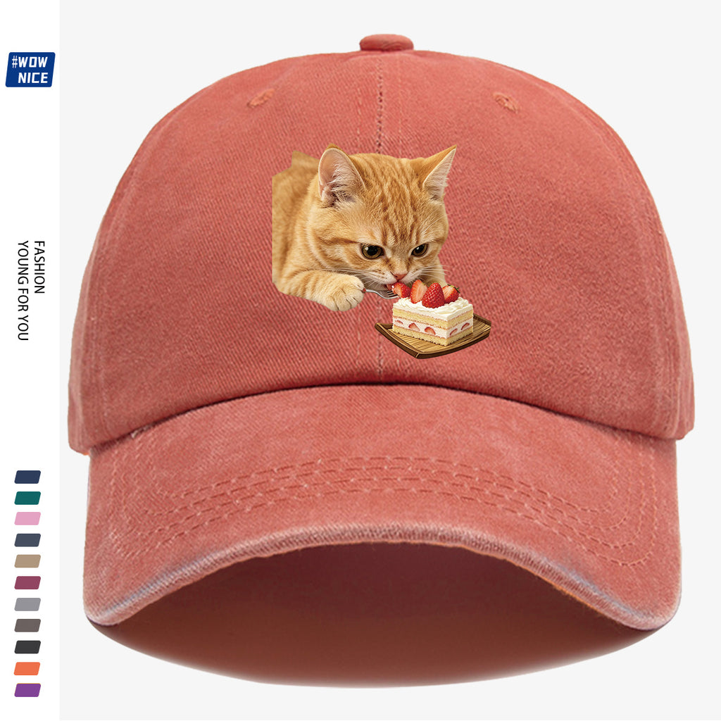 1pc Orange Cat Eating Strawberry Cake Fun Printed Baseball Cap, Cute And Playful Design Unisex Adjustable Size Casual Hat for Shopping, Dating, Coffee Shop Gatherings, Park Walks, Best Friend Outings, Weekend Fun, Party Activities, Trendy Accessory