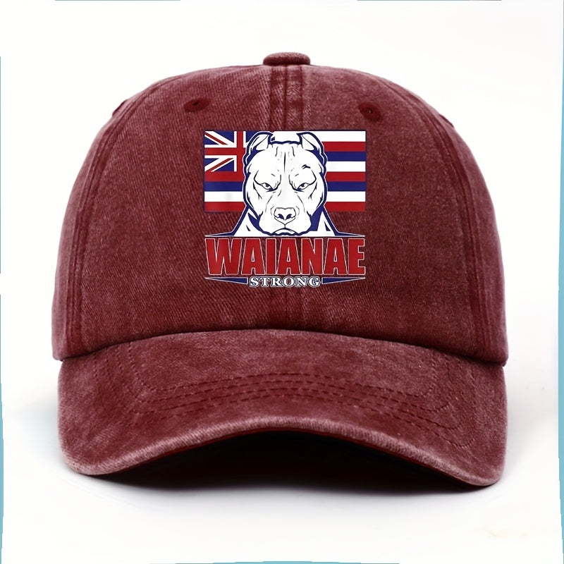 WAIANAE Men'S Hawaiian Flag & Dog Graphic Baseball Cap - Adjustable Lightweight Retro Streetwear Hat for Outdoor Sports, Patriotic Hip Hop Style, Soft Fabric, Thanksgiving/Father'S Day Gift
