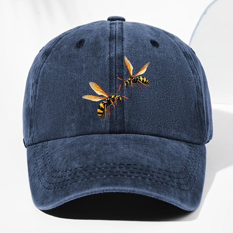 Unisex Bee Animal Print Washed Vintage Baseball Cap, Fashionable Sun Outdoor Hat for Men and Women, Adjustable Fit Trucker Hat Suitable for All Seasons and Daily Wear