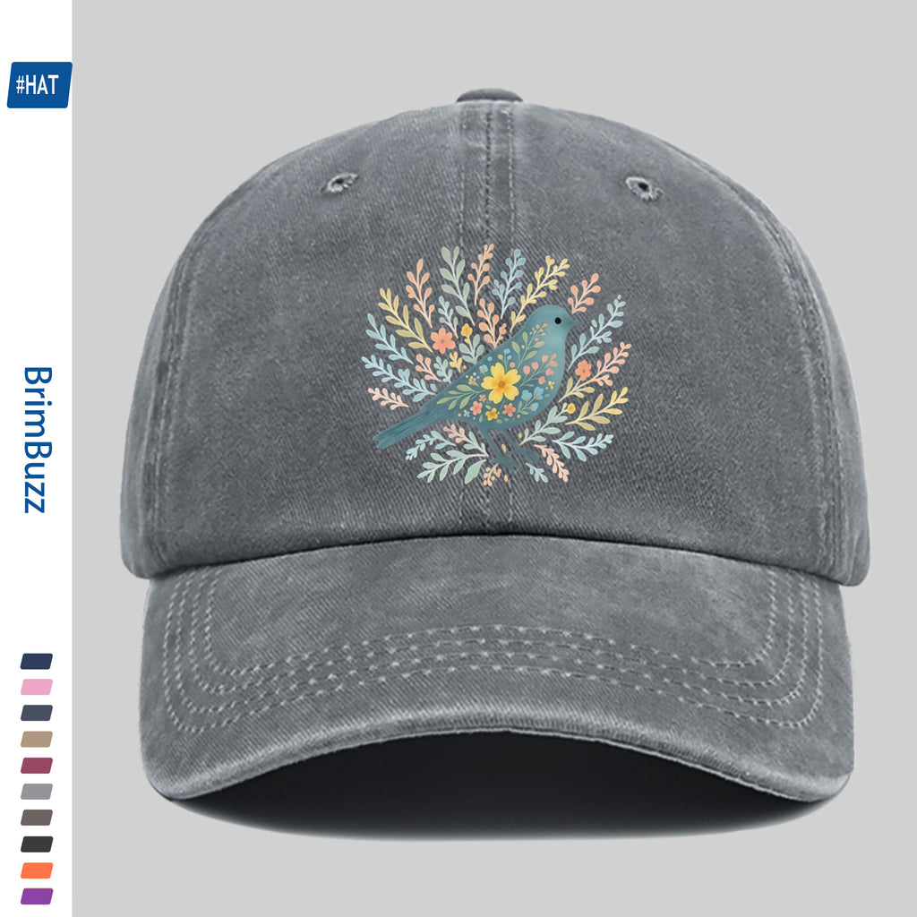 A Baseball Cap Featuring a Print of Birds Surrounded by Flowers And Plants, a Vintage Design Sun Hat, a Comfortable And Lightweight Trucker Hat with Adjustable Straps, an American Street Style Skateboard Cap