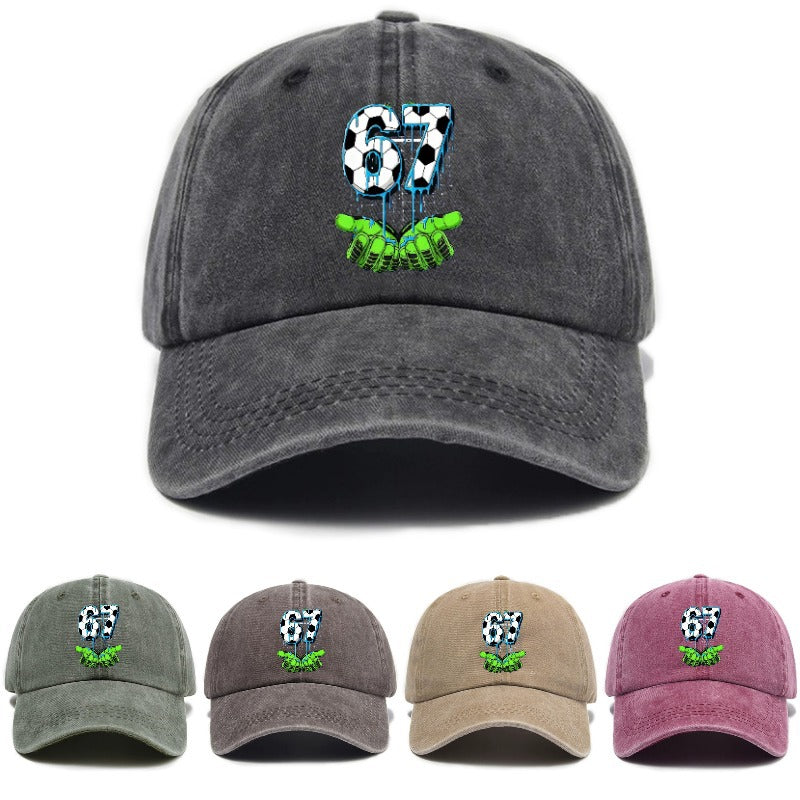 Fashionable Versatile Style 67 Number Print Washed Distressed Soft Top Sunshade Soft Top Baseball Cap Unisex Hat