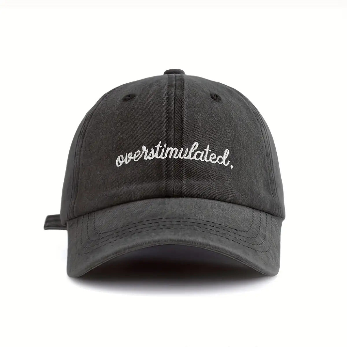Overstimulated Embroidered Letter Women's Washed Baseball Cap, Fashionable Outdoor Retro Street Urban Style Unisex Baseball Cap Curved Brim Dad Hat Sun Hat Suitable for Vacation Beach Travel Cycling