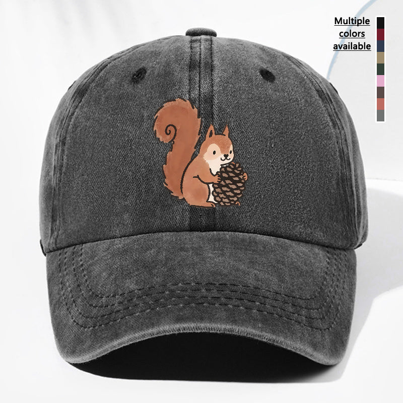 Unisex Squirrel Print Washed Vintage Baseball Cap, Fashionable Sun Outdoor Hat for Men and Women, Adjustable Trucker Hat Suitable for All Seasons and Daily Wear