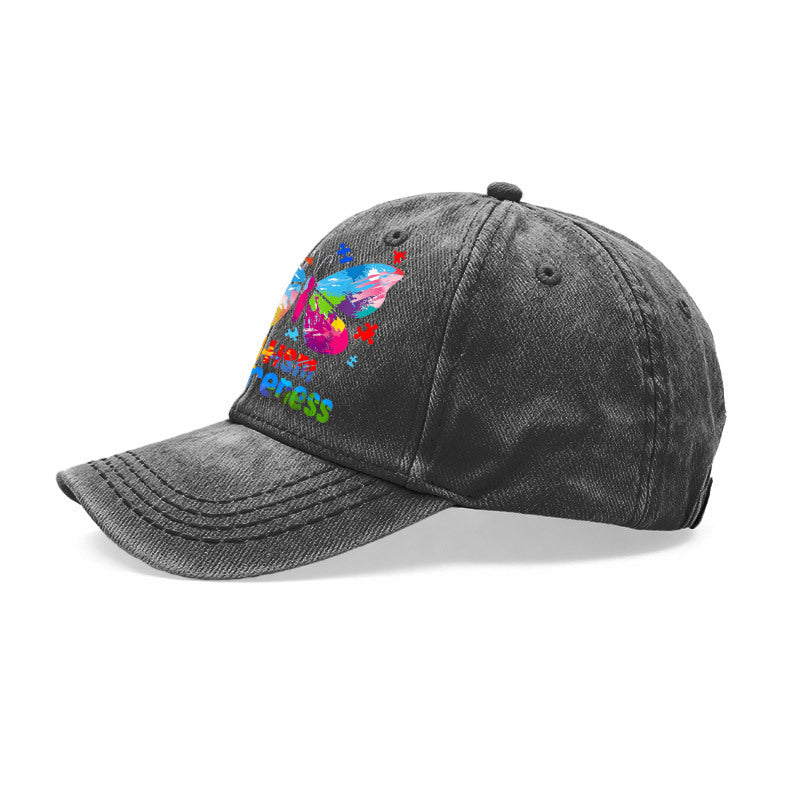 1pc of Vintage Washed Unisex Baseball Caps Featuring a Colorful Artistic Design of an Autism Awareness Butterfly. These Adjustable Caps Are Perfect for Outdoor Activities And Casual Wear, Making Them Great Gifts for Both Men And Women