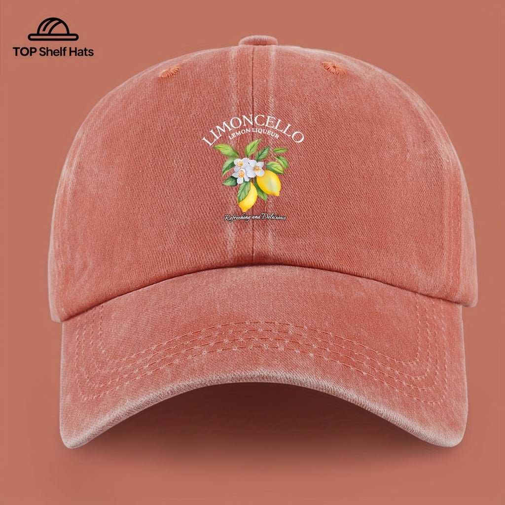 70G Lightweight And Breathable 1pc "Limon Cello" English Print Baseball Cap with Refreshing Lemon Pattern Print, Breathable And Comfortable, Stylish And Beautiful, Black Papa Dad Hat, Adjustable Size, Unisex, Retro Trucker Hat