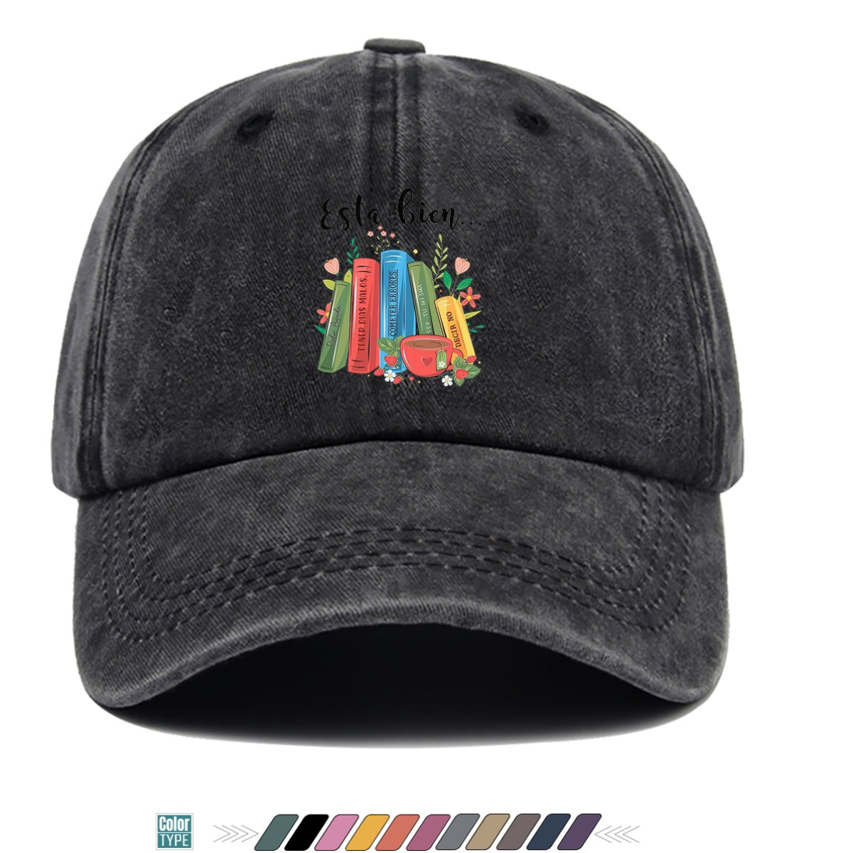 1pc Colorful Books And Teacup Illustration Printed Baseball Cap, Comfortable Breathable Sun Hat, Fashionable Aesthetic Unisex Hat, Adjustable Size, Casual Streetwear, Literary Youth Reading Cap, Suitable for Bookstore Check-In, Cafe Gatherings