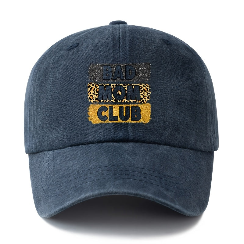 A Unisex Fashionable and Versatile "BAD MOM CLUB" Printed Baseball Cap, Featuring a Classic Vintage Washed Lightweight Curved Brim. This Trucker Baseball Cap Is Suitable for Casual Occasions Such as Outdoor Vacations, Travel, and Camping. It Also