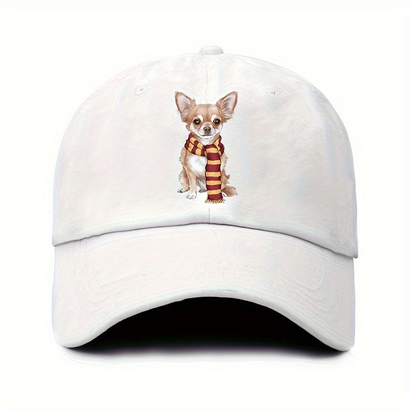 Cute Chihuahua & Scarf Print Vintage Washed Baseball Cap - Adjustable Snapback, Lightweight All-Season Outdoor Casual Hat, for New Year Celebrations, Accessory, Soft Texture, Seasonal Accessory, Playful Design, Hand Washable, Fashion Accessory