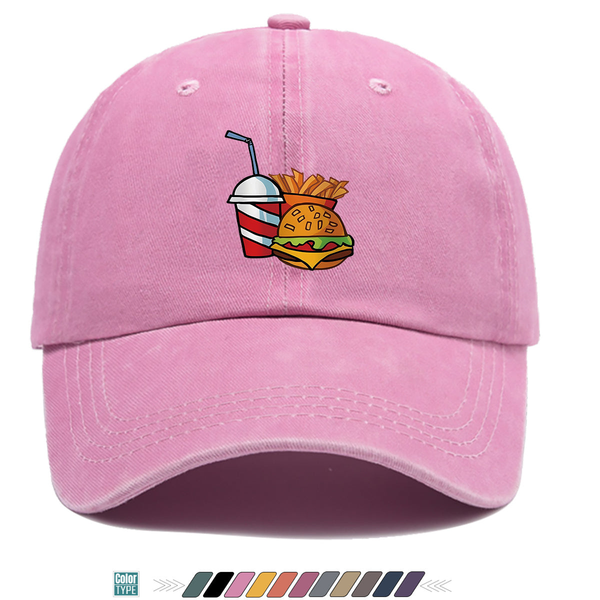 1pc Fast Food Theme Hamburger Fries Drink Print Baseball Cap, Fashion Trendy Sun Hat, Easy Personalized Design, Unisex Duckbill Cap, Adjustable Size, Street Style Hip-Hop Hat, Casual Sunshade Hat, Suitable for Shopping, Parties, Picnics, Travel