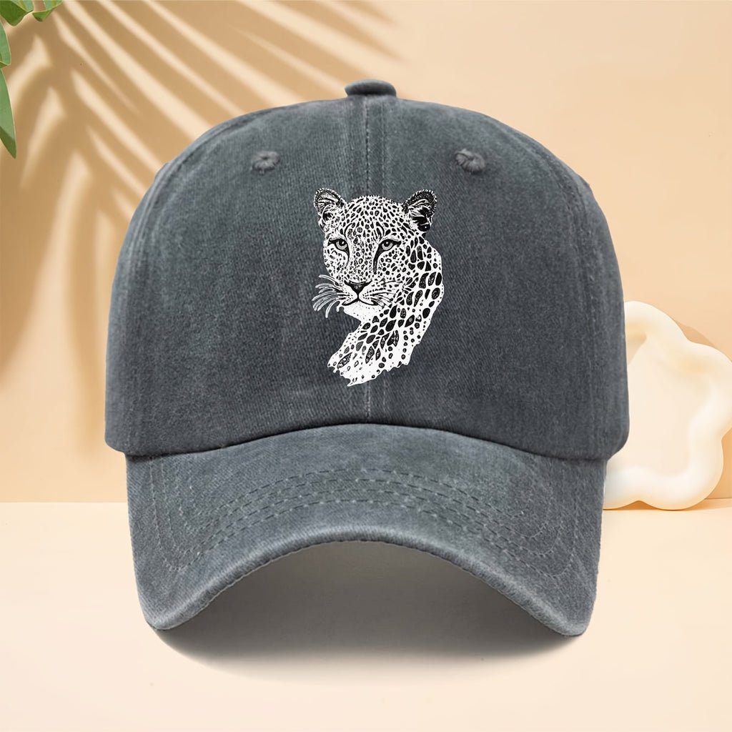 A Trendy Baseball Cap with a Black and White Leopard Head Illustration Print, Featuring a Soft Crown and Curved Brim. This Classic Snapback Hat Is an Adjustable Casual Cap Suitable for All Seasons. It's a Six-panel Trucker Hat, a Matching Couple's