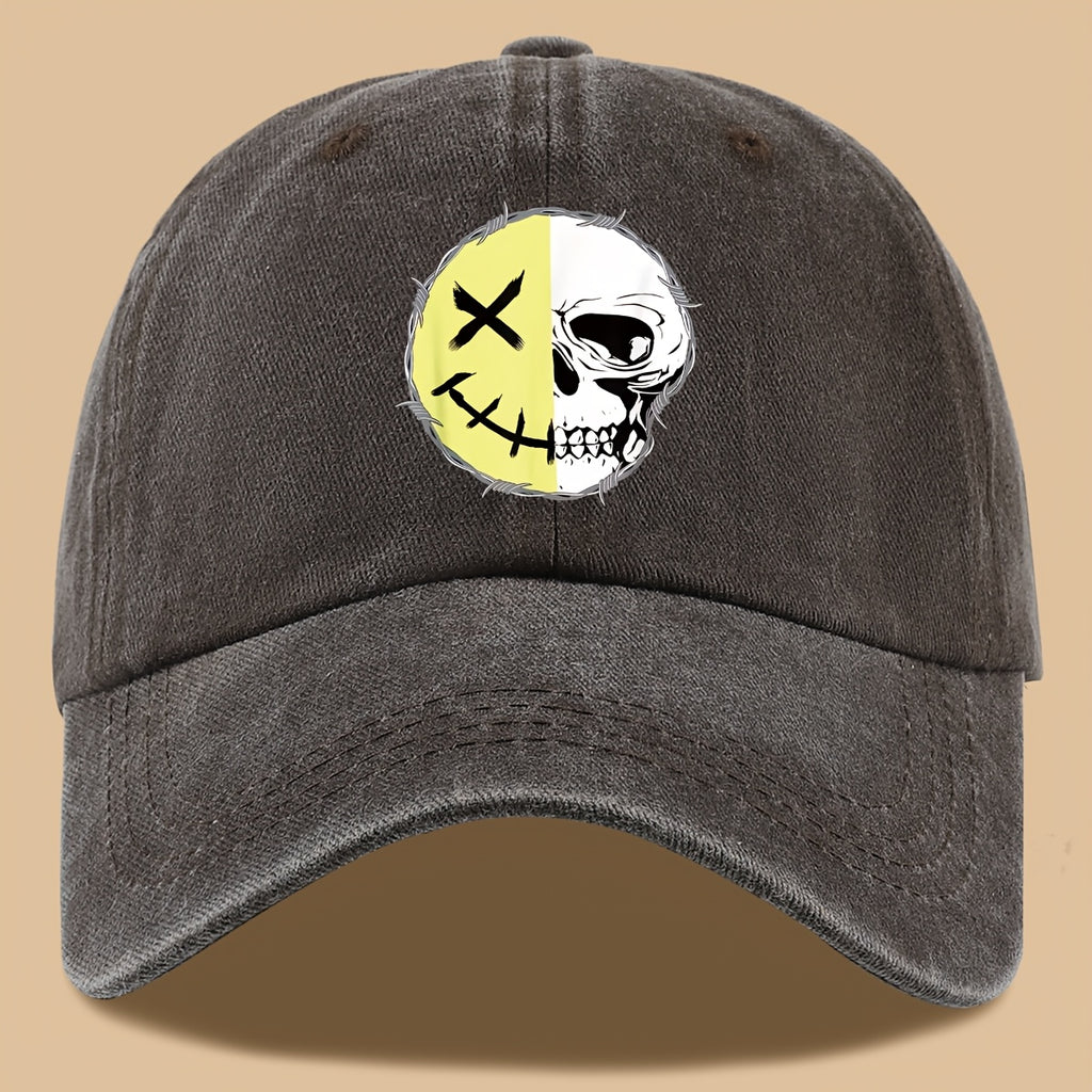 1pc Creative Smiling Face Half Skull Print Baseball Cap, Urban Casual Headwear, Individual All-Match Casual Clothing Accessory, Men And Women Outdoor Universal Dad Hat, Adjustable Size, Breathable Comfortable Vintage Black Papa Trucker Hat