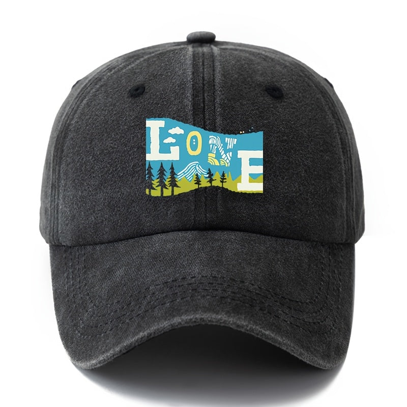 Unisex Fashion Versatile Printed LOVE Outdoor Baseball Cap, Classic Retro Washed Outdoor Lightweight Curved Brim Hat, Trucker Cap, Suitable for Outdoor Vacation Travel Camping And Other Casual Occasions, Holiday Party Hip-Hop Hat