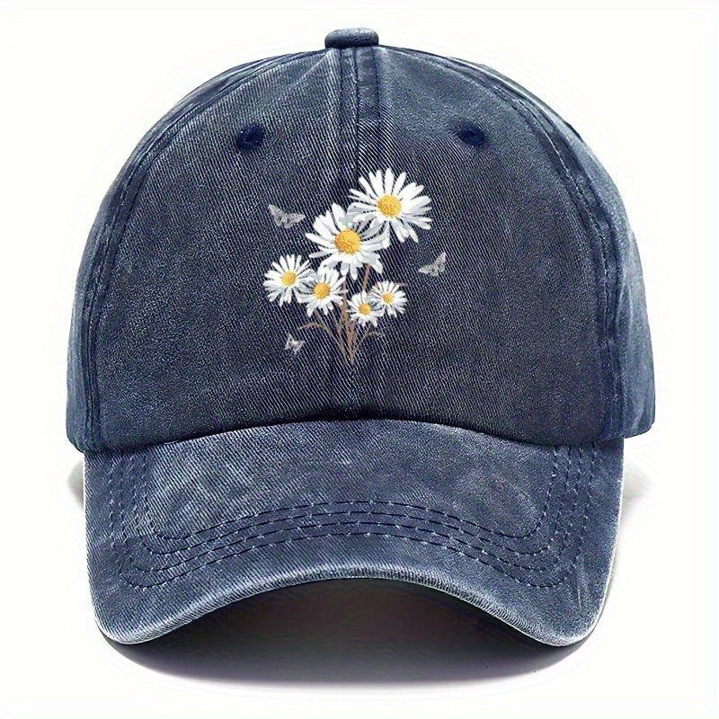 Vintage Daisy Butterfly Print Baseball Cap | Adjustable Lightweight Breathable Dad Hat, Outdoor Sports Leisure Gear, Black and White Floral Design, Teacher'S Day Graduation Gift, Casual Headwear, All-season