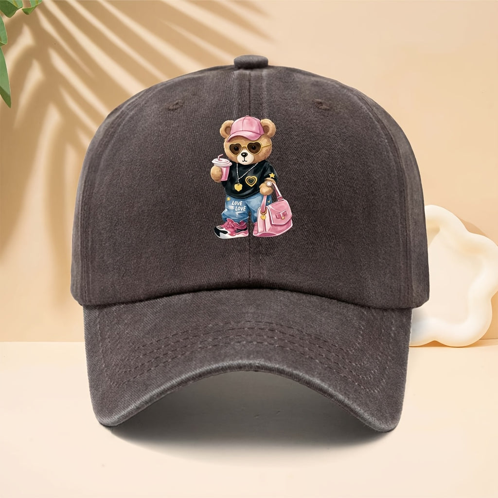 Baseball Cap with a Trendy and Cool Teddy Bear Print, Featuring an American Street-style Aesthetic. This Adorable and Fun Personality-driven Casual Snapback Is Perfect for Strolling, Shopping, Traveling, Gatherings, Vacations, and Parties. The Curved