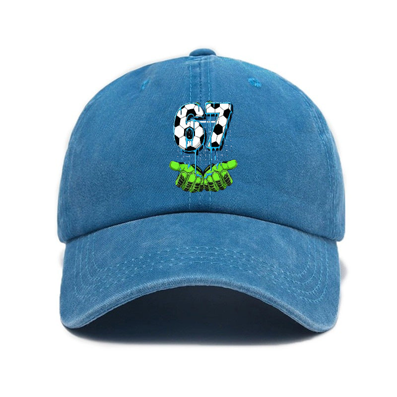 Fashionable Versatile Style 67 Number Print Washed Distressed Soft Top Sunshade Soft Top Baseball Cap Unisex Hat