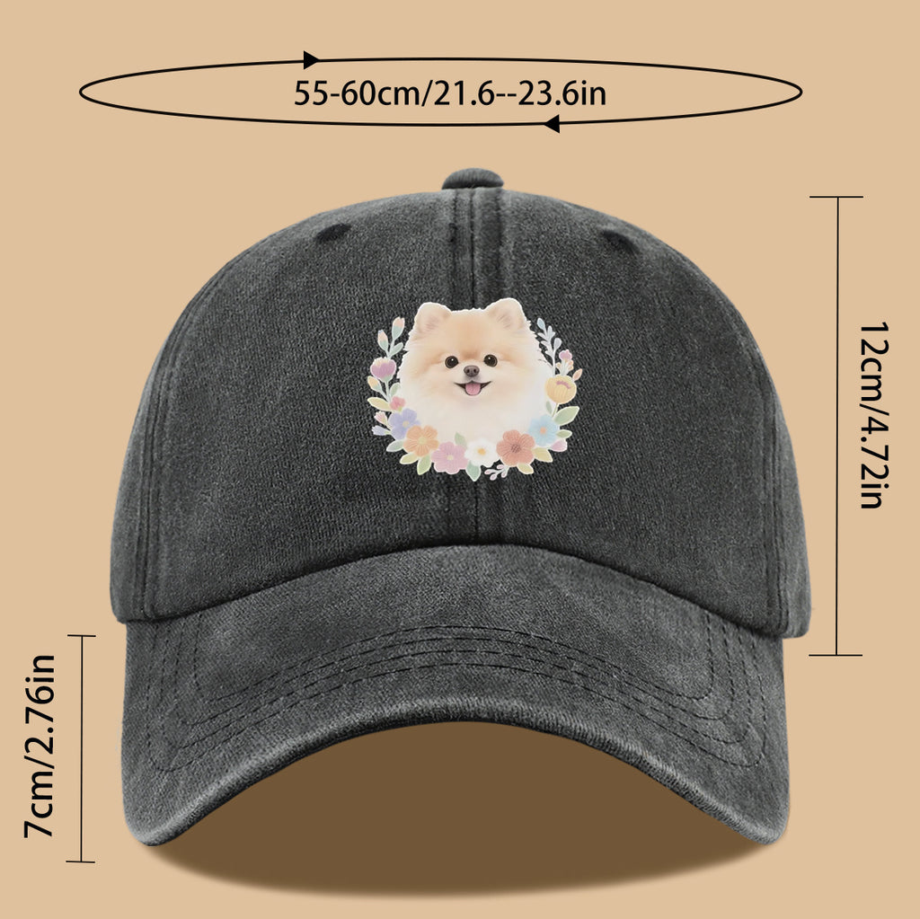 1pc Cute Pomeranian Dog Floral Surround Print Baseball Cap, Adorable Cartoon Breathable Sun Hat, Fashionable Fresh Aesthetic Unisex Cap, Adjustable Size Casual Streetwear, Campus Student Hat, Suitable for Daily Commuting, Park Outings