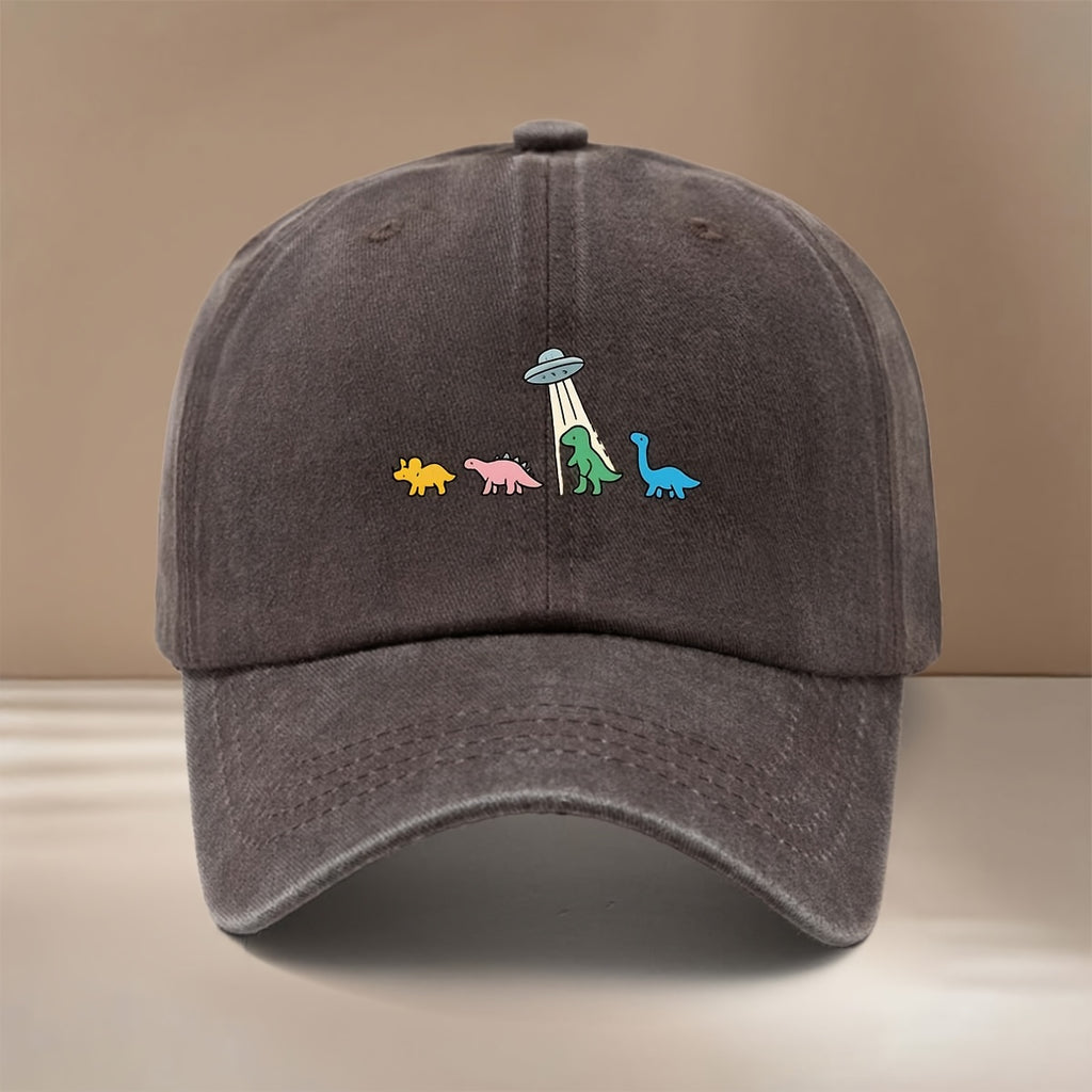 This Is a Baseball Cap with a Dinosaur and UFO Print, Suitable for All Seasons. It Features an Adjustable Size, a Curved Brim, and Is Unisex. The Hat Is Comfortable, Lightweight, and Can Be Worn for Outdoor Sports, Dinners, Camping, or as a  Fashion