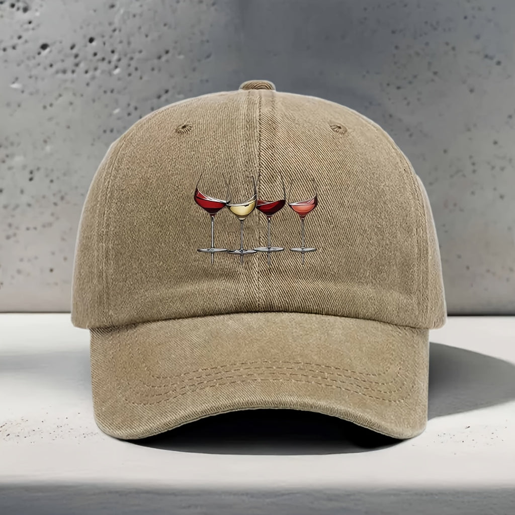 Men's & Women's Adjustable Snapback Baseball Cap with Wine-Themed Print - Washed Curved Brim Hat Suitable for Wine Tasting, Parties, Travel - Lightweight Textured Unisex Cap for Outdoor, Daily Wear, Wine Culture Enthusiasts