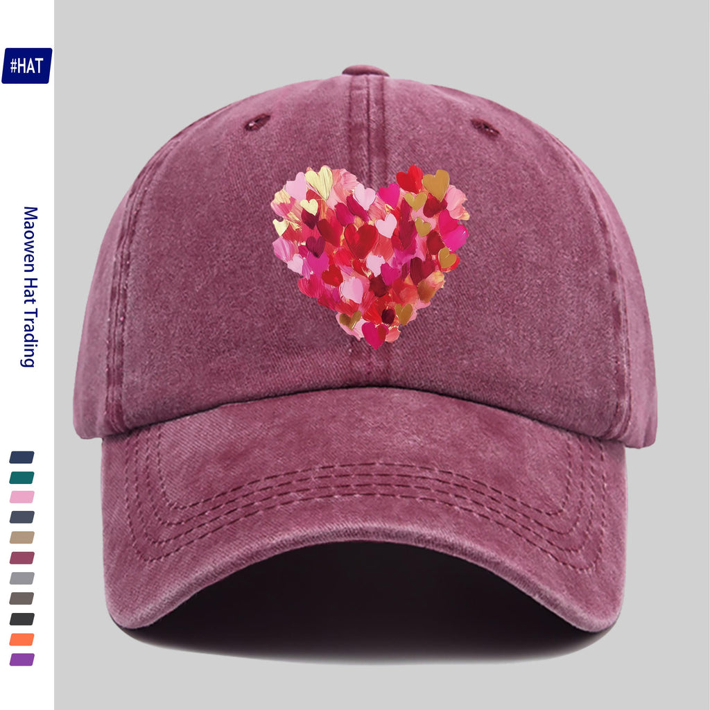 Heavy-Duty Washed Vintage Trucker Cap, Thick Oil-Painting Style Heart Print, Adjustable Snapback Closure, Suitable for Sports, Unisex Outdoor Cap, Ideal for All-Season Travel, Durable Headwear