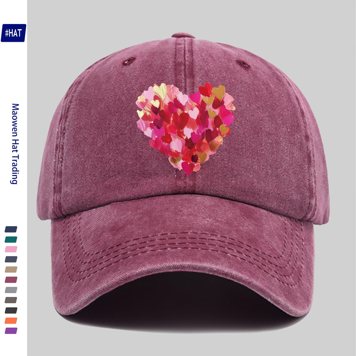 Heavy-Duty Washed Vintage Trucker Cap, Thick Oil-Painting Style Heart Print, Adjustable Snapback Closure, Suitable for Sports, Unisex Outdoor Cap, Ideal for All-Season Travel, Durable Headwear
