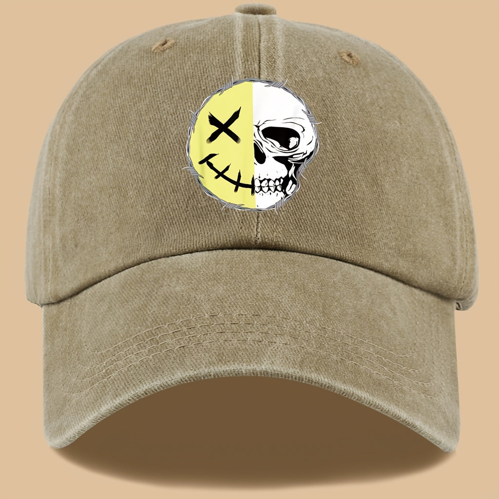 1pc Creative Smiling Face Half Skull Print Baseball Cap, Urban Casual Headwear, Individual All-Match Casual Clothing Accessory, Men And Women Outdoor Universal Dad Hat, Adjustable Size, Breathable Comfortable Vintage Black Papa Trucker Hat