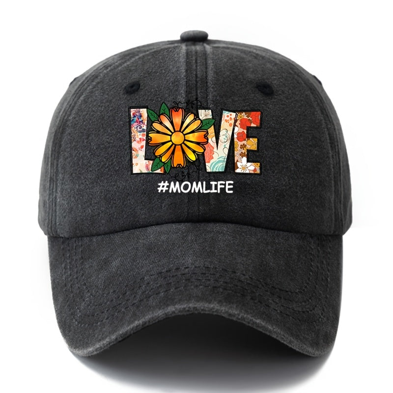 Unisex Fashion Versatile Floral Daisy LOVE Printed Baseball Cap, Classic Vintage Washed Outdoor Lightweight Curved Cap, Trucker Hat, Suitable for Outdoor Vacation Travel Camping And Casual Occasions, Holiday Party Hip-Hop Hat