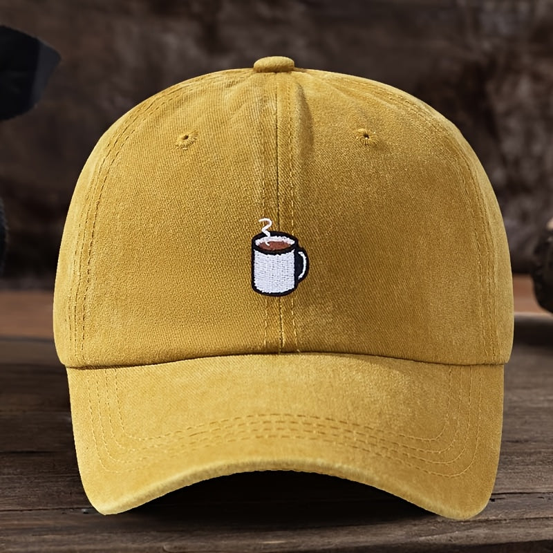 A Straightforward Men'S Baseball Cap Designed for Coffee Enthusiasts, Featuring a Cup Motif. The Fabric Is Machine Washable, Making It Ideal for Everyday Wear
