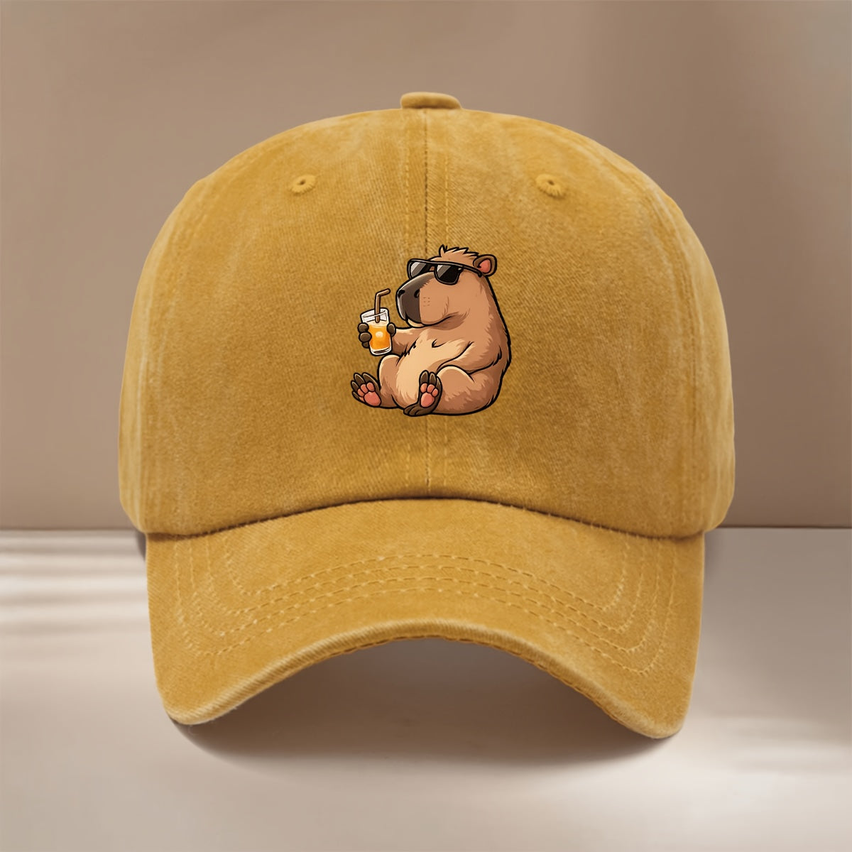 This Is a Baseball Cap with a "Drinking Guinea Pig" Graphic Print. It's Comfortable, Lightweight, and Adjustable in Size. A Six-panel Unisex Hat, This Simple and Trendy Snapback Is Perfect for Outdoor Sports, Picnics, Camping, and  Fashion